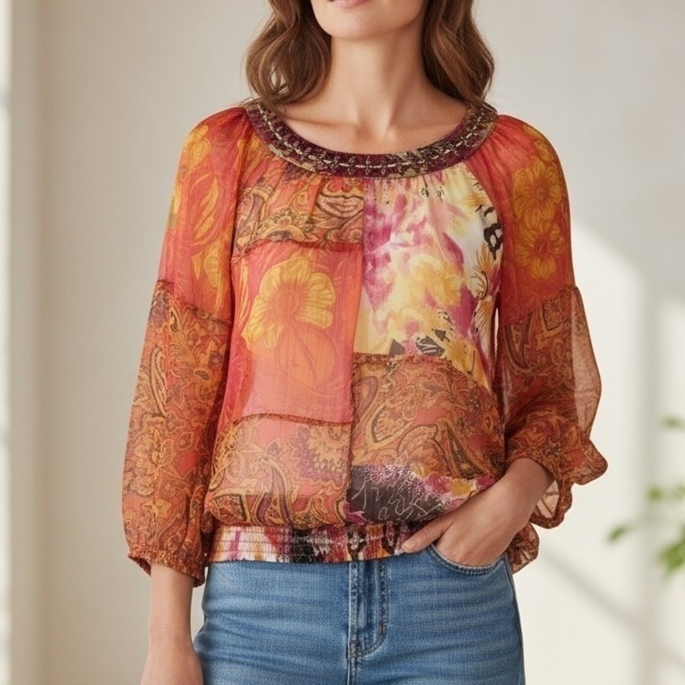 VTG NYPL Womens Top M‎ Orange Sheer Patchwork Paisley Floral Artsy Retro Boho